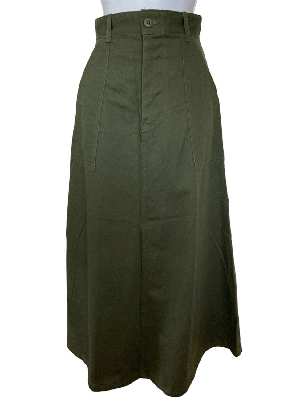 Vintage 70s Military Army Green Field Cargo High Waist Cotton A Line Midi Skirt